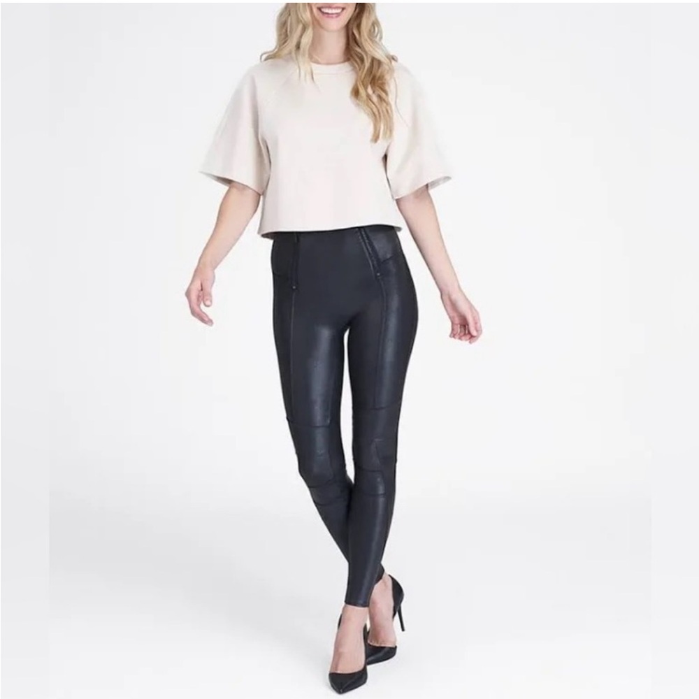 • Spanx • Women’s Faux Leather Hip Zip Leggings High Waist  Black Large